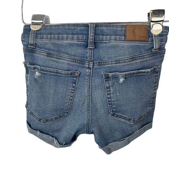 Aero Shorts Womens Size 2 Blue High Rise Midi Stretch Denim Distressed - Picture 6 of 7
